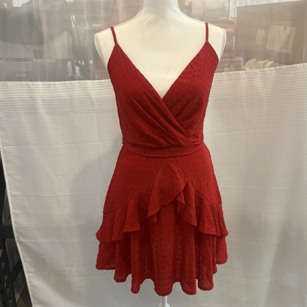Trixxi Red Coquette Fit & Flare Mini Dress Ruffle Tiered V Neck Small
